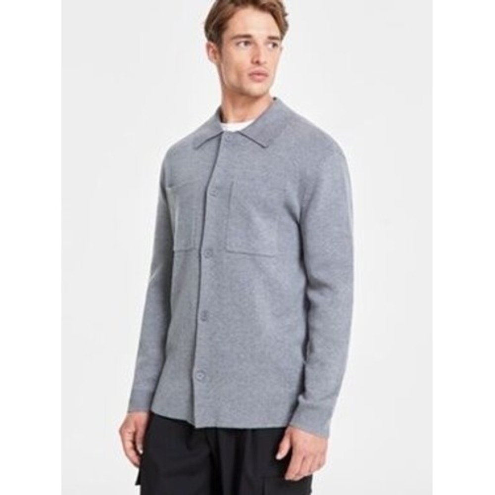 Alfani Mens‎ Cement Grey Heather Cotton Blend Button Front Sweater Jacket Small